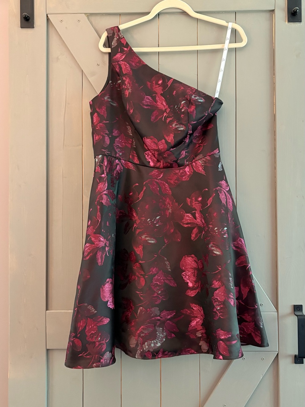 One-Shoulder Davids Bridal Black Party Dress with Pink Floral Jacquard